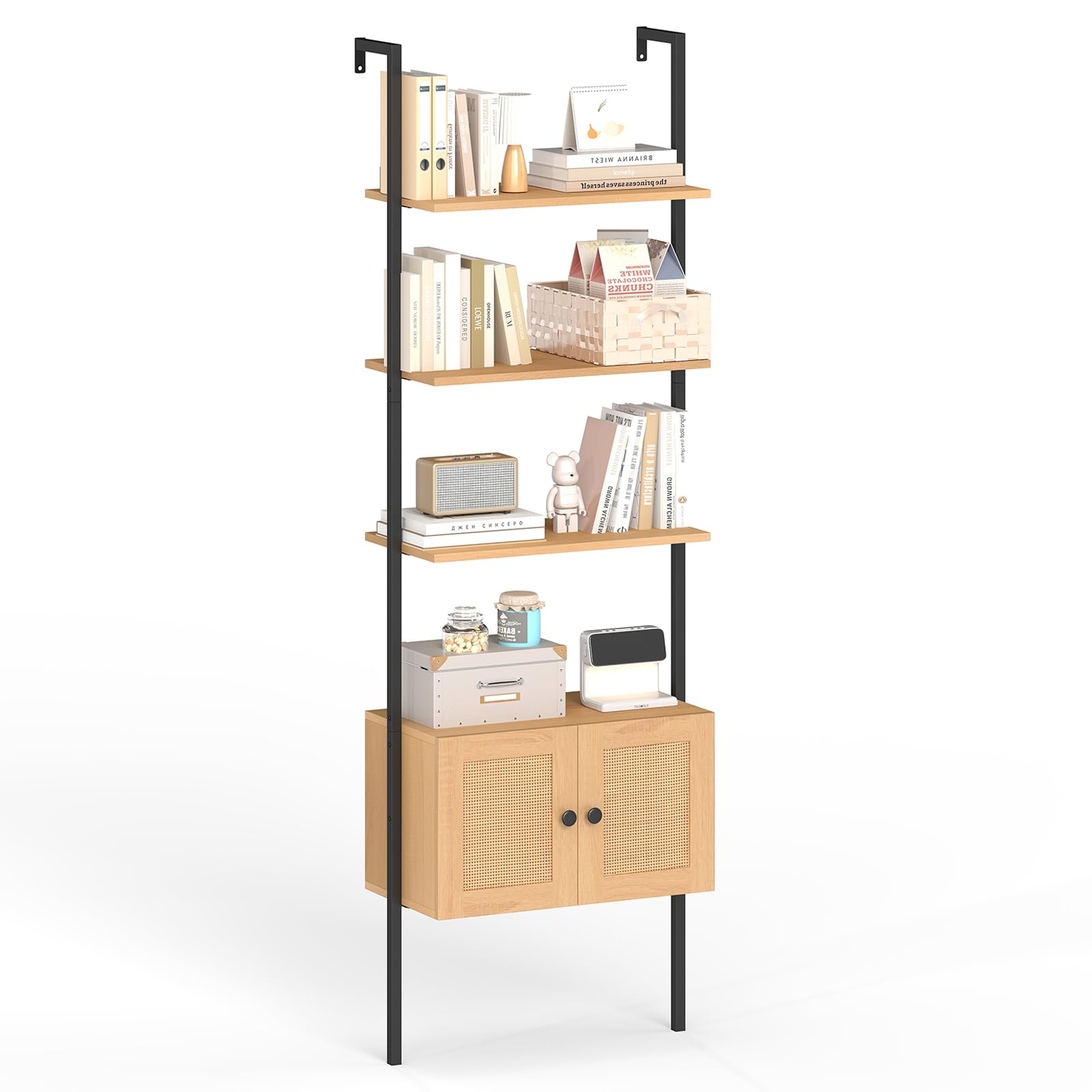 Tangkula Wall-Mounted Ladder Shelf Boho 5-Tier Bookshelf(1/2)